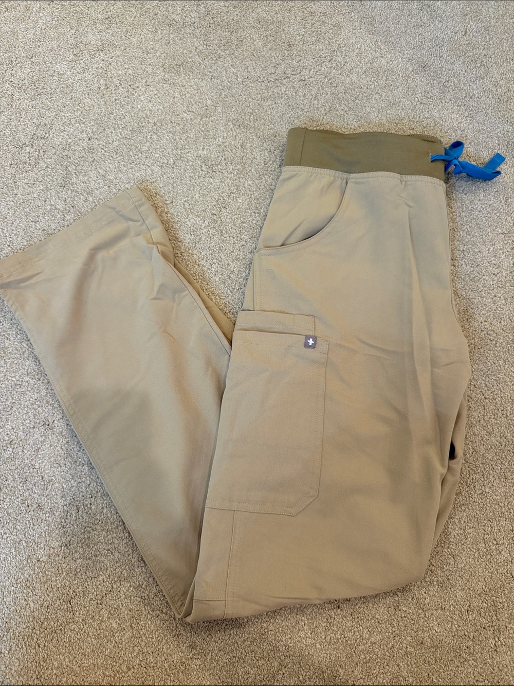 Figs Women's Tan Boot Cut Scrub Pants with Olive Waistband